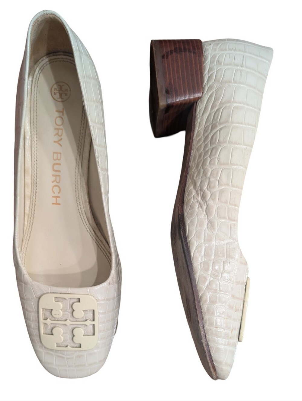 TORY BURCH Georgia Pump Soft Croco Embossed Leather  Cream Logo Sz US 8